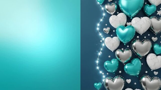 Decorative Display of Various Heart-Shaped Balloons in Shades of Teal and Silver with Sparkling Fairy Lights on a Blue Background
