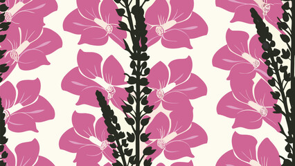 Vibrant pink flowers with black stems and leaves on white background floral pattern design