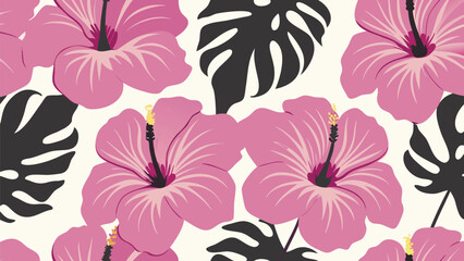 Vibrant pink hibiscus flowers with black monstera leaves on cream background pattern