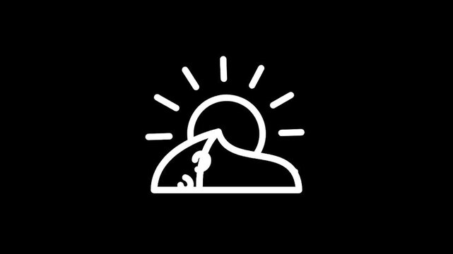 Sunrise over mountain peak with sun rays, simple line art icon on black background