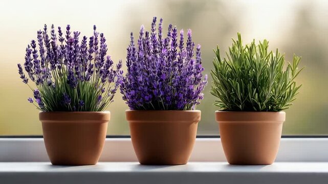 Lavender and rosemary in terracotta pots on windowsill with gentle breeze and shifting daylight
