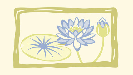 Beautiful blue lotus flowers and lily pad in green frame on beige background