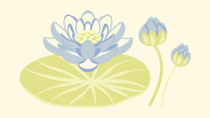 Lotus flower and buds on a lily pad in soft blue and green hues with cream background