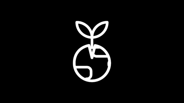 Minimalist white sprout growing from abstract earth icon on black background