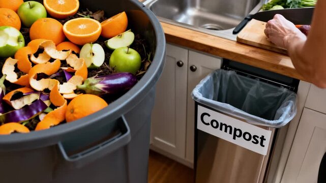 Medium shot of indoor compost bin filled with colorful fruit peels and vegetable scraps next to a kitchen prep area highlighting efficient waste separation for ecofriendly food