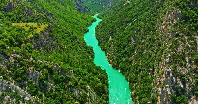 Aerial view of Gorges Du Verdon and Galetas Bridge, Magnificent Nature. Aerial journey above Verdon Gorge, where rugged mountains meet the emerald river below