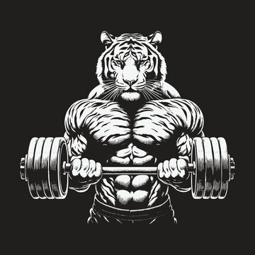 Tiger Bodybuilder Lifting Weights: A Powerful Fitness Illustration.