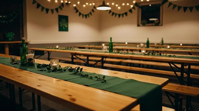 Interior View of an Unoccupied Hall Decorated with Green Party Banners and Tables Ready for a Celebration with Candles and Greenery Accents