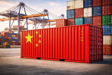 Fototapeta premium Shipping container with China flag at a busy port during daylight hours