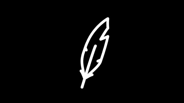 Simple white feather icon drawn with a single line on a black background