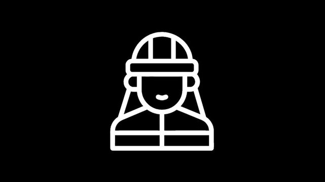 Simple white line icon of a person wearing a hard hat and safety goggles