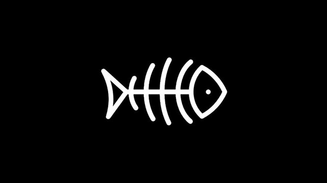 Minimalist white fish skeleton icon on a stark black background, simple and clean design