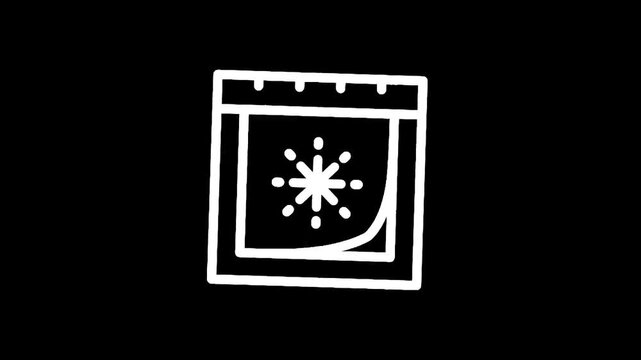 Hand drawn icon of a calendar page with a snowflake symbol on a black background