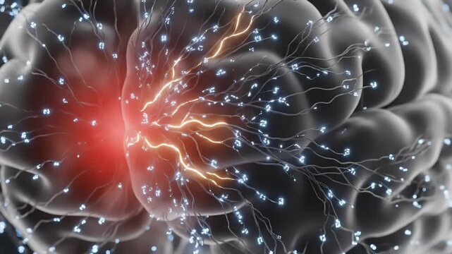 Close up view of a human brain model showing interconnected neural pathways firing with electrical impulses, highlighted by a glowing red inflamed area, stimulating brain functions.
