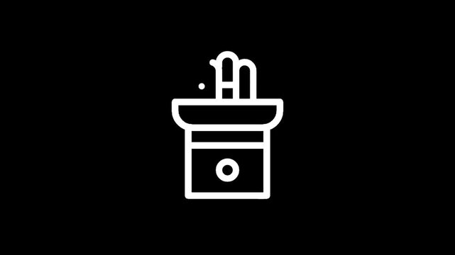 Simple line art icon of a drinking fountain with water spraying upwards on a black background