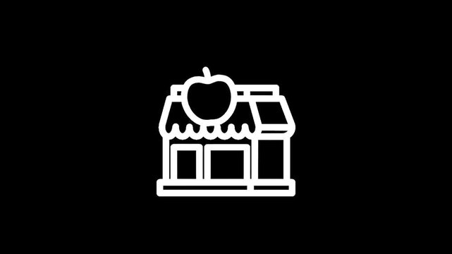 Simple white line icon of a grocery store with an apple on top against a black background