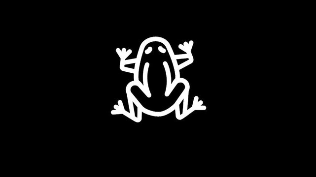 Simple white line art frog icon on a black background, minimalist design