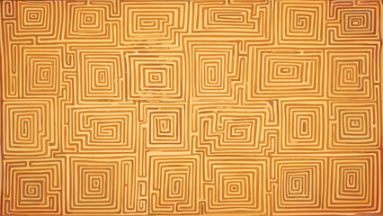 Intricate golden maze pattern with interconnected squares and lines on textured surface background