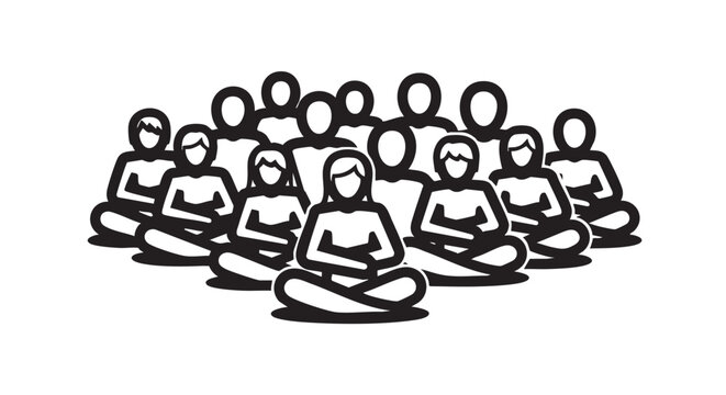 Group of people meditating together in a serene environment from a front viewpoint