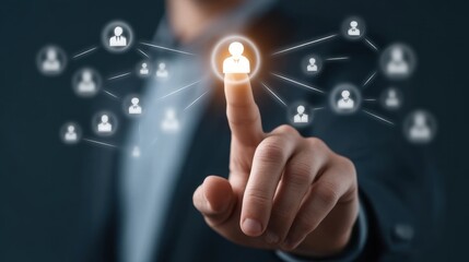 Businessman Touching Digital Network Connection with Icons Representing Social Interaction and Collaboration