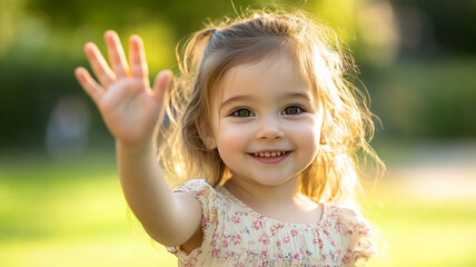 Happy little girl waving hand in a green field.