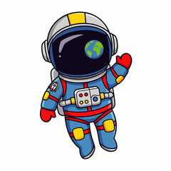 Cartoon astronaut floating in space waving with planet Earth reflected in the helmet visor