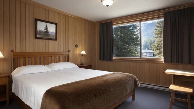 Room with a bed and wooden decor shows a view of trees through the window and a simple setup with a small table