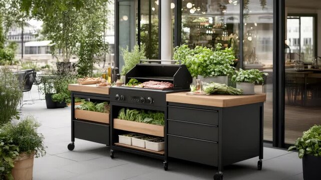 People prepare food and grill outside in a modern kitchen setup surrounded by plants and natural light in a spacious area