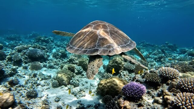 Sea turtle swimming over coral reef with tropical fish underwater ocean marine life coral garden green turtle reef ecosystem clear blue water sunlight filtering through clear water habitat sunlight