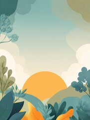 Obraz premium Spring Background With Plants and Sun Rising Over Hills in a Light-Filled Setting With a Calm Minimal Style