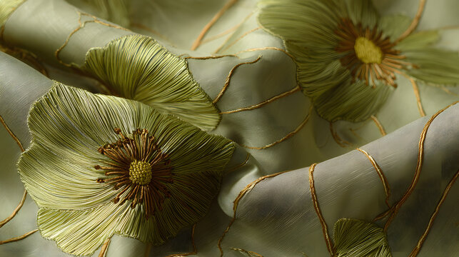 Elegant close-up of olive green silk fabric with intricate floral embroidery and shimmering golden thread accents