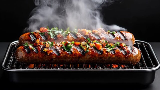 Close up grilled sausages with char marks and herb garnish as thick smoke rises on black background