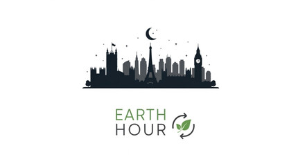 Naklejka premium Earth hour city skyline silhouette with moon and green leaf logo