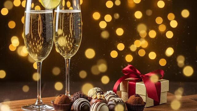 Celebratory Champagne Flutes with Lime Garnish Accompanied by an Assortment of Gourmet Chocolates and a Festively Wrapped Gift Box, Perfect for Special Occasions.