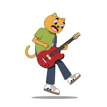 Cartoon cat character playing electric guitar with energetic pose, isolated on white background. Colorful vector illustration expressing music, fun, creativity, and youthful performance.