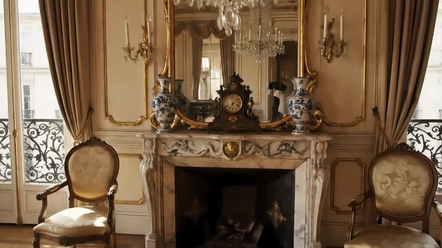 An opulent vintage salon interior featuring rich textures, warm light, and antique furnishings, evoking a sense of historical grandeur and classic elegance.