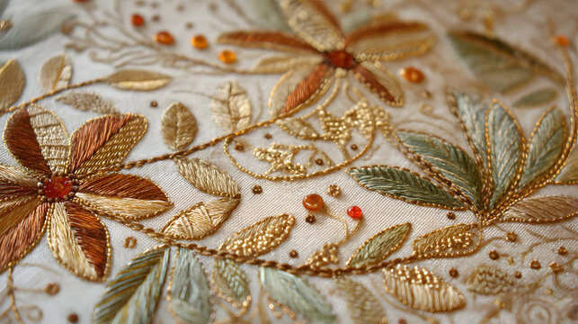 Detailed gold and copper metallic embroidery featuring floral patterns and beads on a cream colored textile background