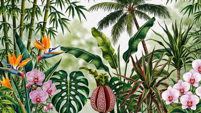 Lush Tropical Vegetation Panorama with Exotic Flowers, Bamboo, and Palm Trees Pattern