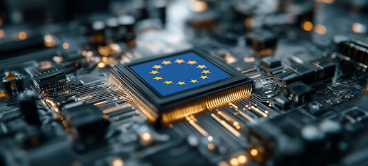 European Union Flag on Advanced Microchip, Symbolizing EU Technology Strategy, Semiconductor Industry, Digital Sovereignty, AI Regulation and Cybersecurity Innovation