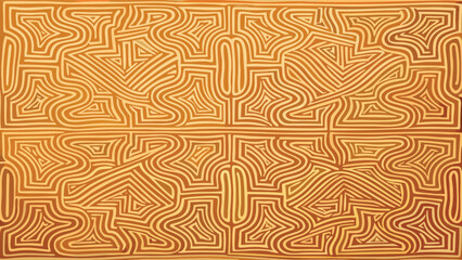Intricate orange maze design with interconnected lines and geometric patterns on a flat surface