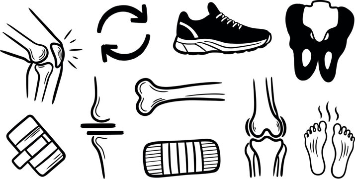 Minimalist black and white vector art showing human joints bones injury sneaker cycling arrows and feet pain symbols