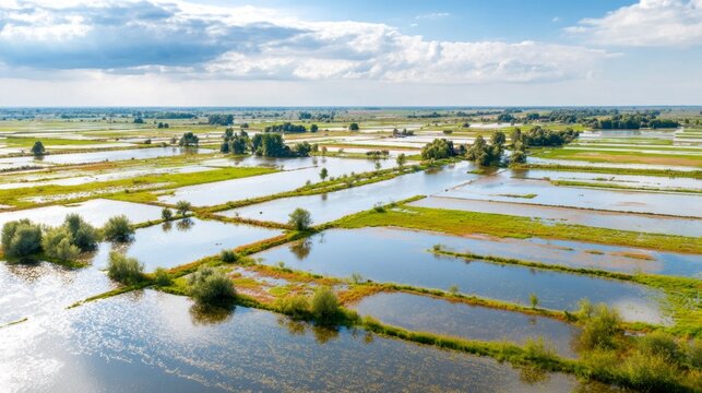 Aerial view showing a wide area of rural land completely submerged by floodwaters, creating new wetland habitats and impacting agriculture. Flood
