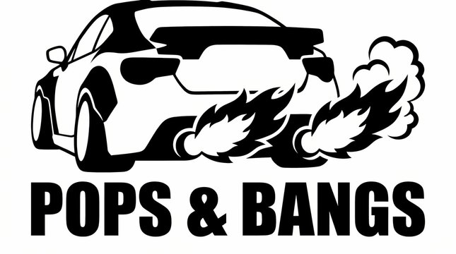 A high-contrast illustration of a modified sports car&rsquo;s rear end, shooting flames from the exhaust with the iconic "Pops & Bangs" text.