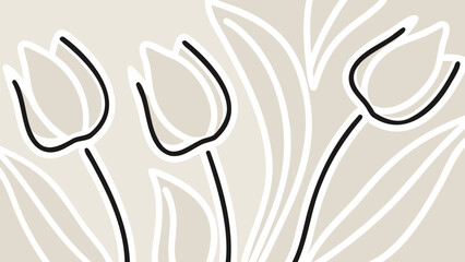 Three stylized tulips with leaves on beige background line art flowers