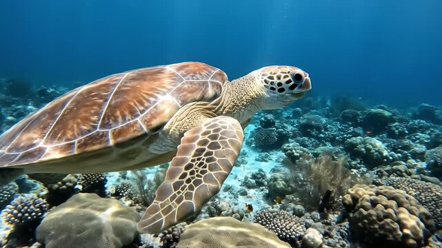 Sea turtle swimming over coral reef with sunlight filtering through blue water and sunlight rays forming shafts as small reef fish create tranquil serene marine life scene with textured shell fish