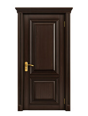 Dark brown wood interior door with brass hardware and fluted trim on a transparent background