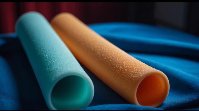 Video A pair of plastic tubes resting on a blue fabric, possibly used in laboratory or medical setting