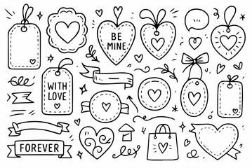 Obraz premium Hand-drawn doodle vector set of love-themed tags and labels, created in a fun, sketchy ink-pen style, isolated on white background 