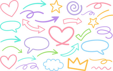 Colorful Hand Drawn Doodles Set with Hearts, Arrows, Speech Bubbles, Stars and Swirls