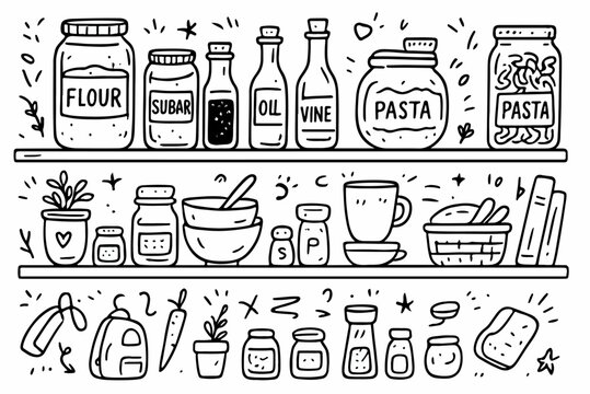 Hand-drawn doodle vector set of kitchen shelf items including jars, bottles and bowls, created in a fun, sketchy ink-pen style, isolated on white background
